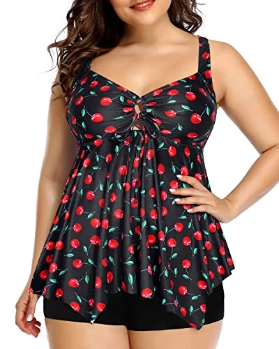 Flowy Top Loose Fit Plus Size Tankini Swimsuits For Women-Black Cherry Stylish Cover-Up Set Flowy Top Loose Fit Plus Size Tankini Swimsuits For Women-Black Cherry Stylish Cover-Up Set