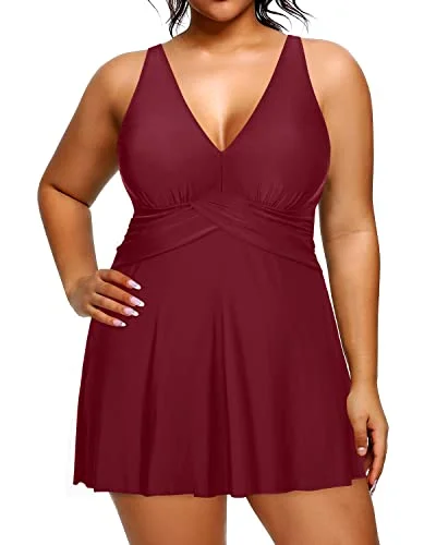 V Neck Women One Piece Swimdress With Built In Swim Brief Under Skirt-Maroon Retro Swimwear Style V Neck Women One Piece Swimdress With Built In Swim Brief Under Skirt-Maroon Retro Swimwear Style