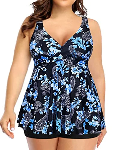 Twist Front Tankini Swimsuit For Maternity Women-Black Floral Beachy Ruffle Bikini