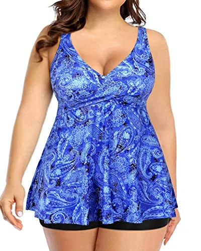 Plus Size High Waisted Boy Shorts Tankini Swimsuit For Women-Blue Tribal Plunge Back Swimsuit Plus Size High Waisted Boy Shorts Tankini Swimsuit For Women-Blue Tribal Plunge Back Swimsuit