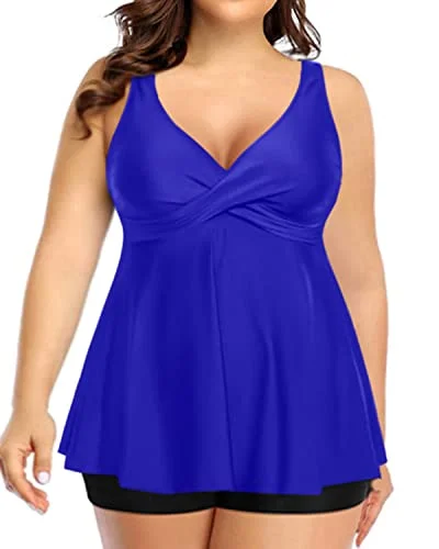 Twist Front Two Piece Plus Size Tankini Swimsuit For Juniors-Royal Blue And Black Beach Ready Swimsuit Twist Front Two Piece Plus Size Tankini Swimsuit For Juniors-Royal Blue And Black Beach Ready Swimsuit