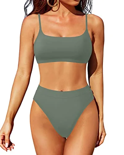 Women's High Waisted 2 Piece Bikini Swimsuit High Cut Bottom Bathing Suits Set-Army Green Vibrant Bikini Design Women's High Waisted 2 Piece Bikini Swimsuit High Cut Bottom Bathing Suits Set-Army Green Vibrant Bikini Design