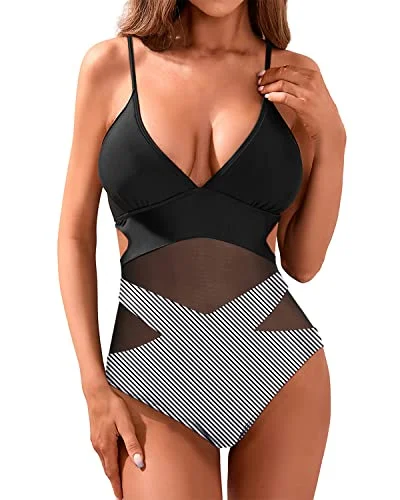 Women's Sexy Mesh Patchwork Cutout Monokini Swimsuit-Black Stripe Tropical Print One-Piece Women's Sexy Mesh Patchwork Cutout Monokini Swimsuit-Black Stripe Tropical Print One-Piece