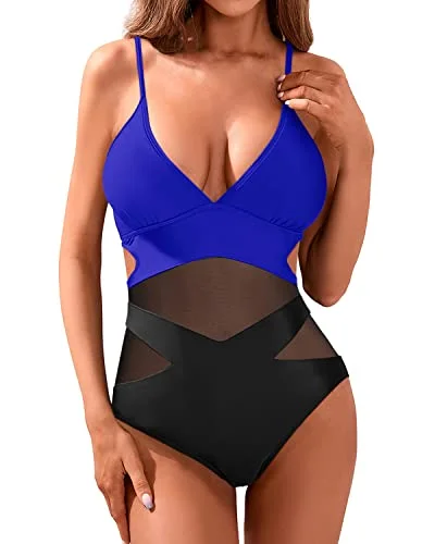 V Neck Sexy Mesh High Waisted Monokini Cutout Swimwear For Women-Royal Blue And Black Soft Beachwear Set V Neck Sexy Mesh High Waisted Monokini Cutout Swimwear For Women-Royal Blue And Black Soft Beachwear Set