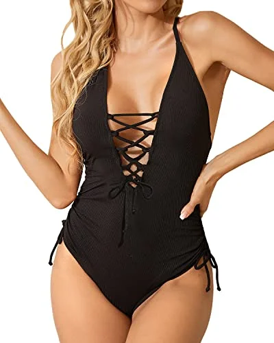 Women Sexy One Piece Swimsuit Plunge V Neck Lace Up Swimwear-Black Soft Beachwear Set Women Sexy One Piece Swimsuit Plunge V Neck Lace Up Swimwear-Black Soft Beachwear Set