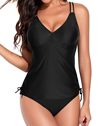 Criss Cross Ruched Tankini Swimsuits For Women-Black Adjustable Strap Swimsuit