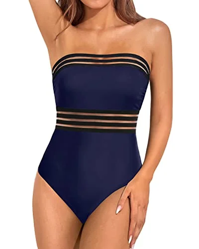 Bandeau Tube Swimswear Slimming Strapless One Piece Swimsuit For Women-Navy Blue Ruched Swimwear Set Bandeau Tube Swimswear Slimming Strapless One Piece Swimsuit For Women-Navy Blue Ruched Swimwear Set
