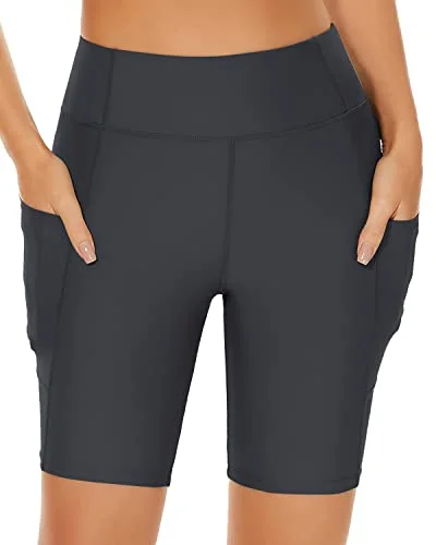 Long Boy Shorts Bathing Suit Shorts Pockets Long Swim Shorts For Women-Grey Classic Monokini Design Long Boy Shorts Bathing Suit Shorts Pockets Long Swim Shorts For Women-Grey Classic Monokini Design