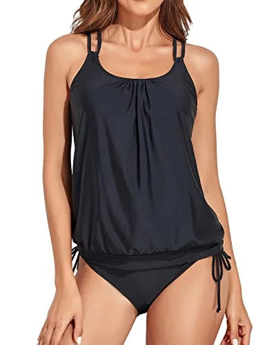 Athletic Blouson Tankini Top With Bikini Bottom Tummy Control Swimsuits-Black Chic Bikini Set Athletic Blouson Tankini Top With Bikini Bottom Tummy Control Swimsuits-Black Chic Bikini Set