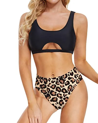 Cheeky Two Piece Bikini Set For Women Underboob Swimsuit-Black And Leopard Minimalist One-Piece Cheeky Two Piece Bikini Set For Women Underboob Swimsuit-Black And Leopard Minimalist One-Piece