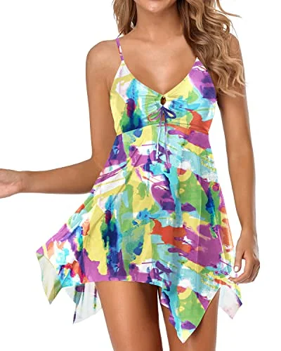 Women Flowy Swim Dress With Boy Shorts Two Piece Swim Dress-Color Tie Dye Sporty Racerback Swimsuit Women Flowy Swim Dress With Boy Shorts Two Piece Swim Dress-Color Tie Dye Sporty Racerback Swimsuit