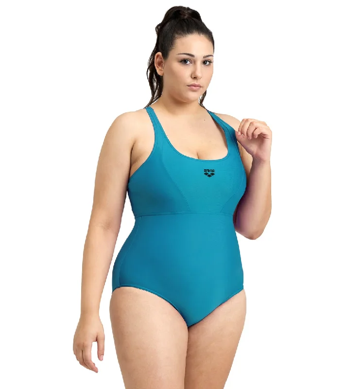 Arena Women's Plus Size Solid Control Pro Back Plus One Piece Swimsuit Deep Teal Vibrant Bikini Bottoms