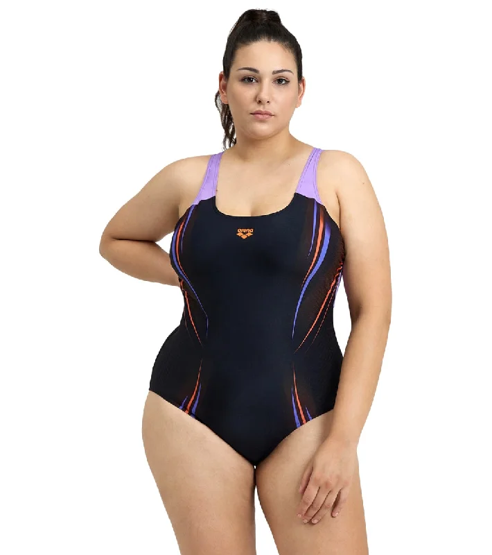 Arena Women's Plus Size Spikes Swim Pro Back One Piece Swimsuit Black/Lavanda Color-Block Bikini