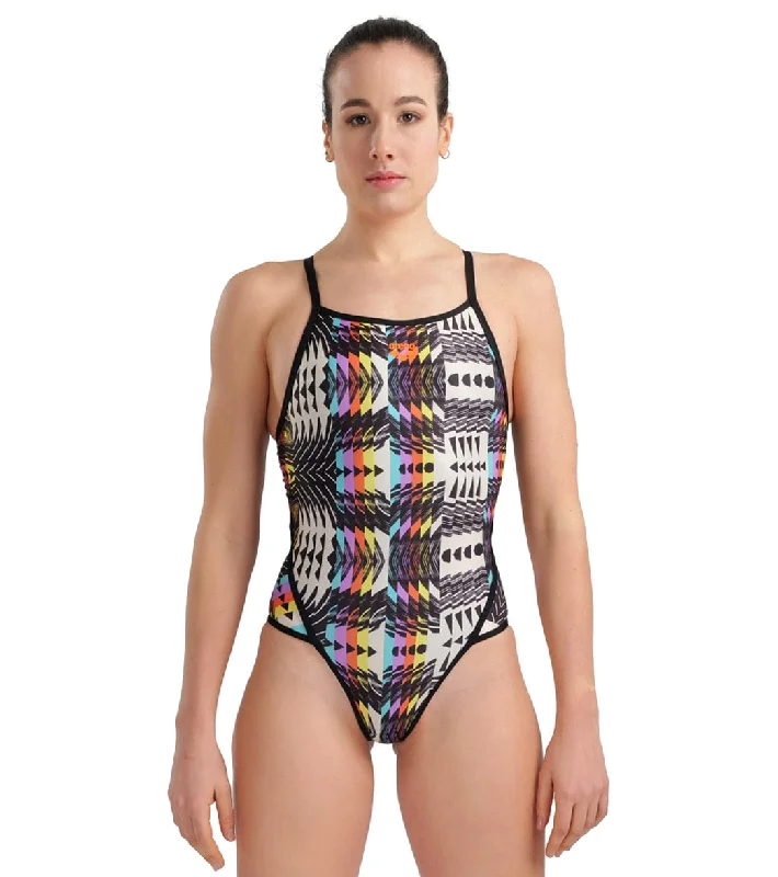 Arena Women's Super Fly Back Allover One Piece Swimsuit Black/Multi Plunge Neckline Swimsuit