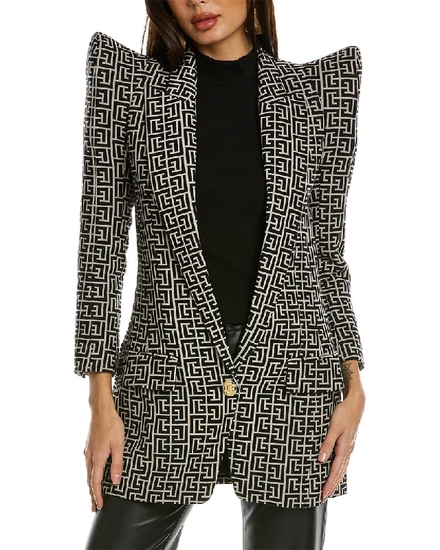 Balmain 1-Button Shoulder Pad Monogram Wool Jacket Satin Jacket Silk Jacket Chiffon Jacket Balmain 1-Button Shoulder Pad Monogram Wool Jacket Satin Jacket Silk Jacket Chiffon Jacket