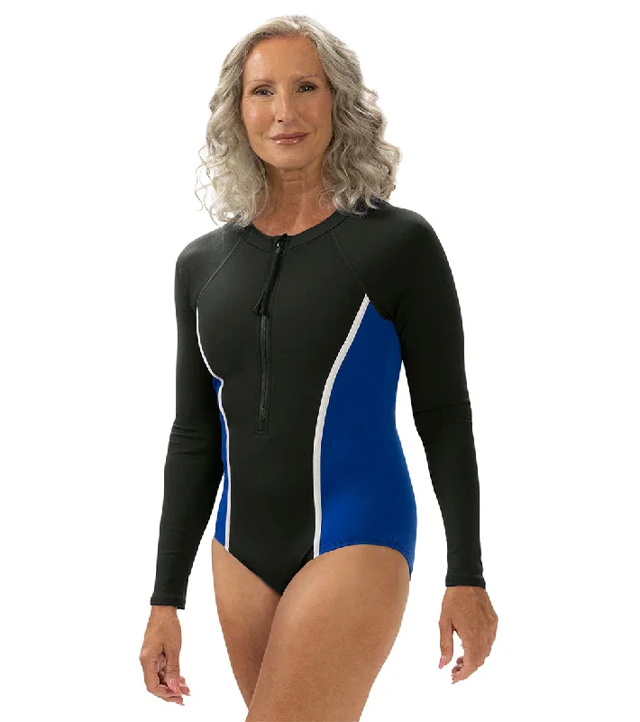 Dolfin Aquashape Women's Color Blocked Zip Front Mock Neck Long Sleeve Moderate One-Piece Swimsuit Black/Blue Crisscross Back Swimsuit