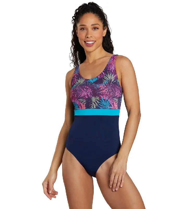 Dolfin Women's Aquashape Color Block Moderate Scoop Back Chlorine Resistant One Piece Swimsuit Enchanted Deep-V Swimsuit Design