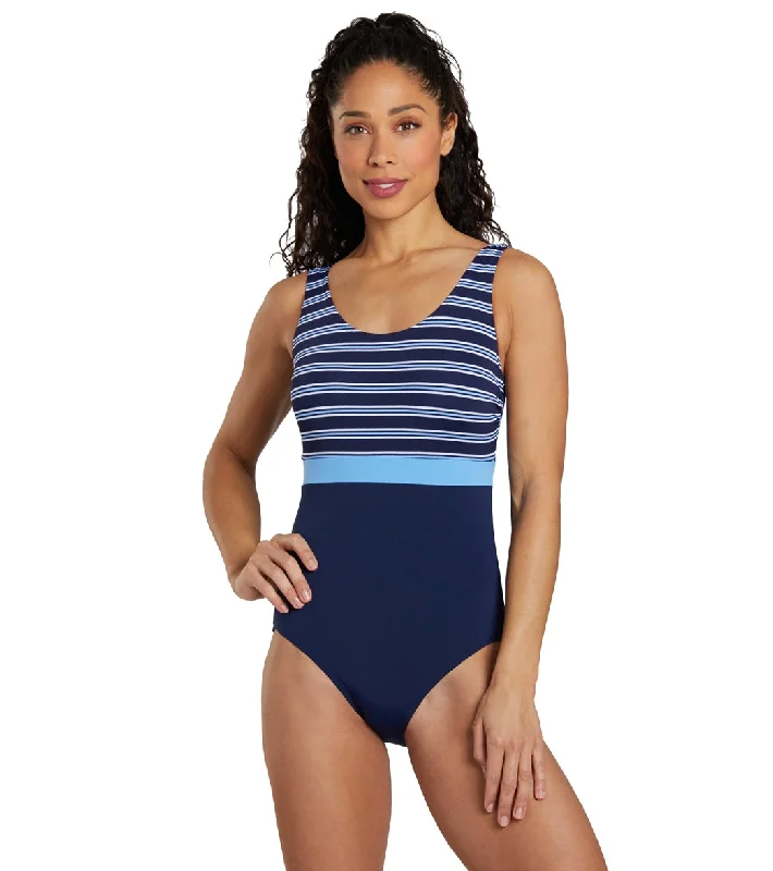 Dolfin Women's Aquashape Color Block Moderate Scoop Back Chlorine Resistant One Piece Swimsuit Simplicity Lace Back Bikini