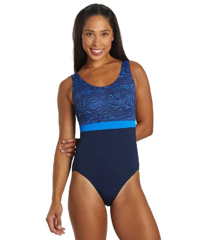 Dolfin Women's Aquashape Color Block Moderate Scoop Back Chlorine Resistant One Piece Swimsuit Waverly Classic One-Piece