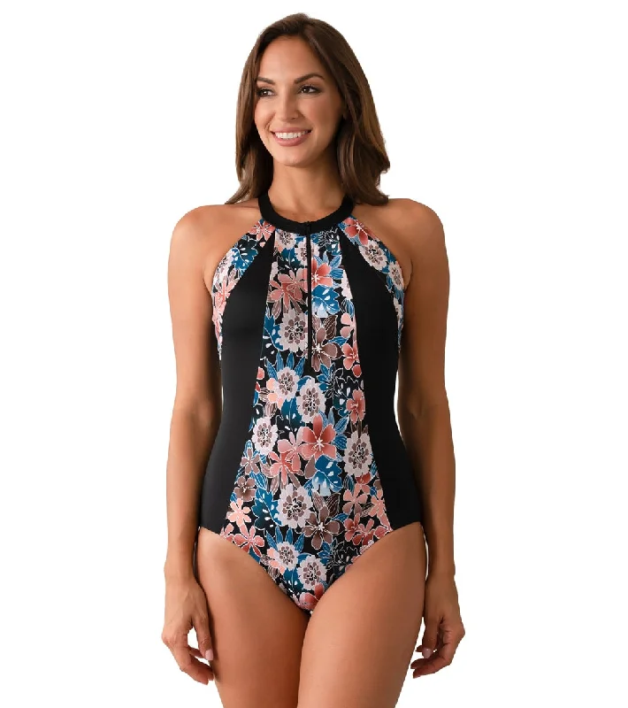 Fit4U Women's Moon Shadow High Neck Zip One Piece Swimsuit (C Cup) Ruched Swimwear Set