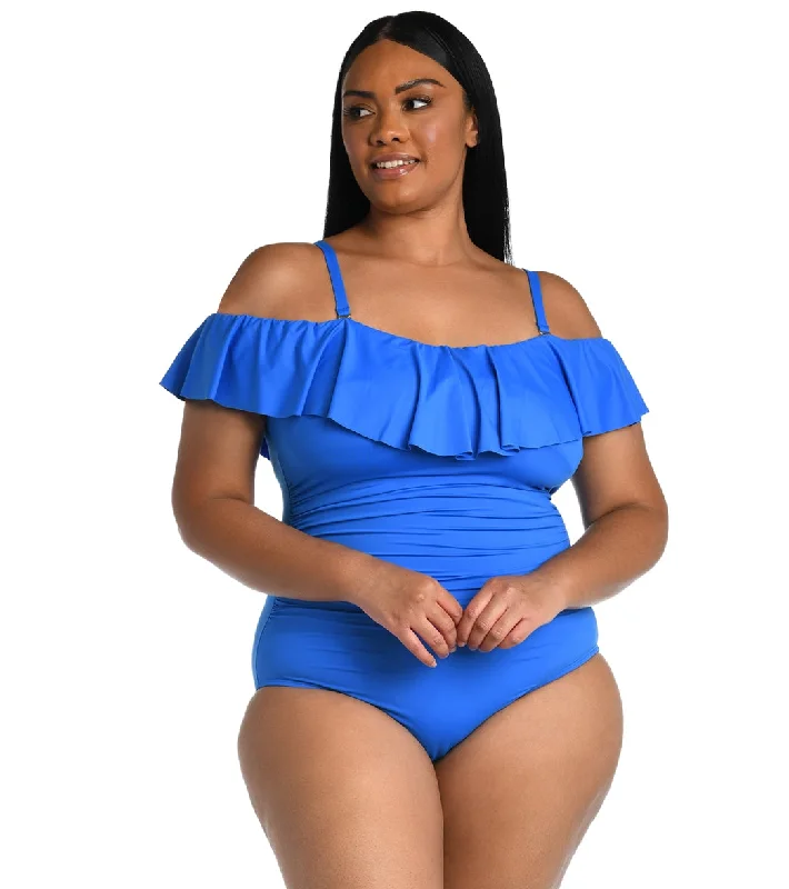 La Blanca Plus Size Island Goddess Off Shoulder Ruffle One Piece Swimsuit Capri Blue Beachy Ruffle Bikini