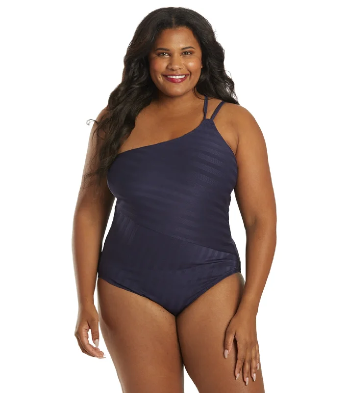 La Blanca Women's Plus Size Linea Costa One Shoulder One Piece Swimsuit Indigo Sporty Racerback Swimsuit