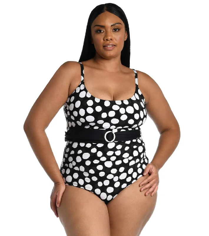 La Blanca Women's Plus Size Mod For Dot Belted Lingerie Mio One Piece Swimsuit Black Floral Swimwear Set