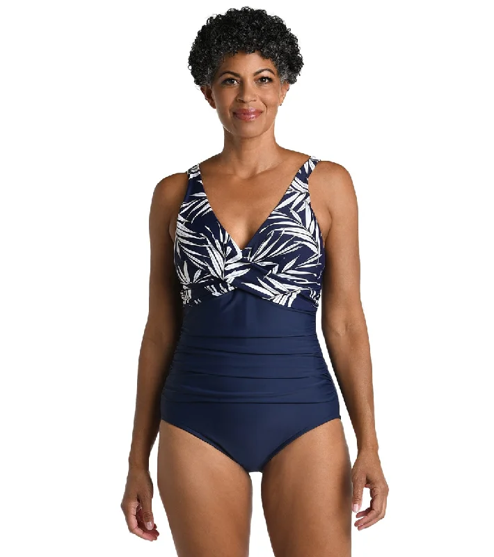 Maxine Women's Gold Leaf Wrap Front One Piece Swimsuit Indigo Sexy Cutout Swimsuit