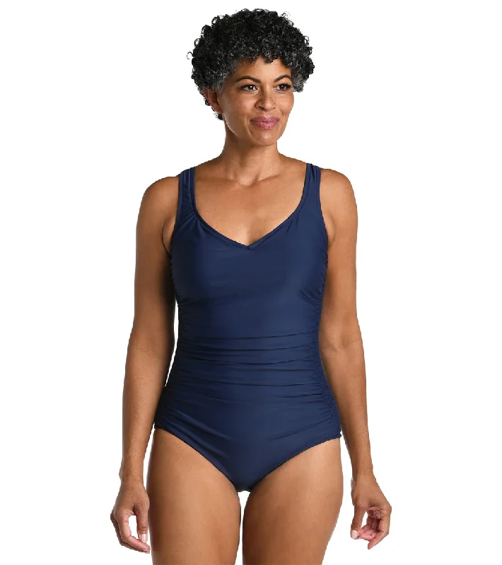 Maxine Women's Solid Over The Shoulder One Piece Swimsuit Indigo Sleek Mesh Bikini