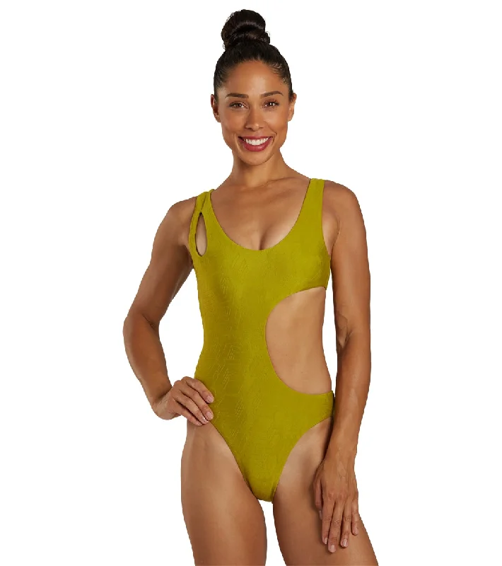 Nike Women's Block Texture Cut-Out One Piece Swimsuit Moss Flirty Ruffle Swimsuit