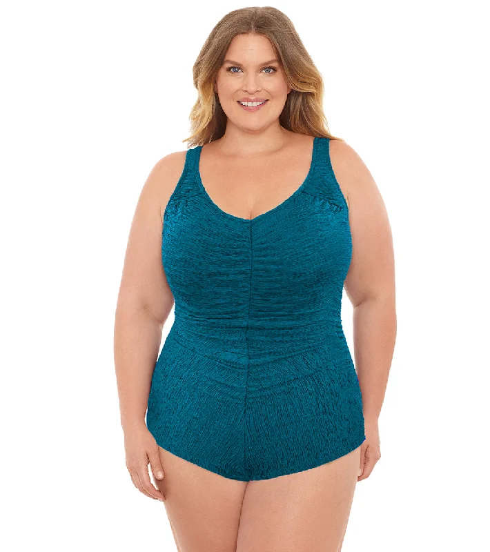 Penbrooke Krinkle Plus Size Chlorine Resistant Girl Leg One Piece Swimsuit Button-Front Swimsuit