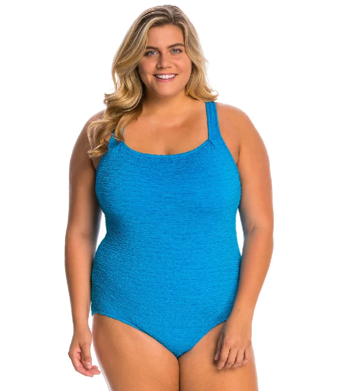 Penbrooke Krinkle Plus Size Chlorine Resistant One Piece Active Back Swimsuit Blue Sea Adjustable Swim Top