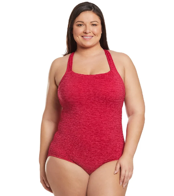 Penbrooke Krinkle Plus Size Chlorine Resistant One Piece Active Back Swimsuit Poppy Red Crisscross Back Swimsuit