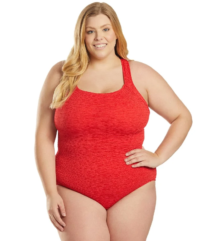 Penbrooke Krinkle Plus Size Chlorine Resistant One Piece Active Back Swimsuit Red Floral Print Swimsuit