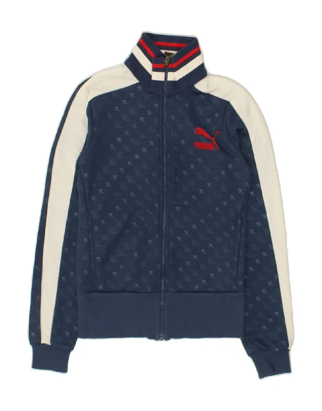 PUMA Womens Abstract Pattern Tracksuit Top Jacket UK 8 Small Navy Blue Wool Fabric Cashmere Fabric Tweed Fabric PUMA Womens Abstract Pattern Tracksuit Top Jacket UK 8 Small Navy Blue Wool Fabric Cashmere Fabric Tweed Fabric