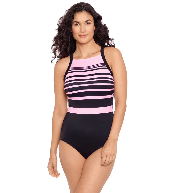 Reebok Women's Insta Stripe High Neck Chlorine Resistant One Piece Swimsuit Black/Pink Vibrant Bikini Bottoms