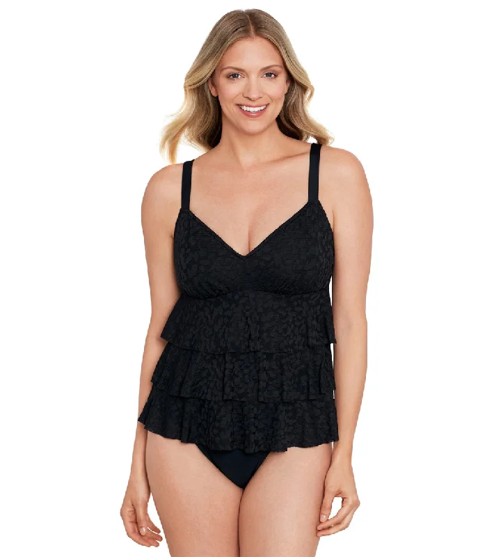 Shape Solver By Penbrooke Women's Shadow Prowl Triple Tier Fauxkini One Piece Swimsuit Black Stylish Cover-Up Set