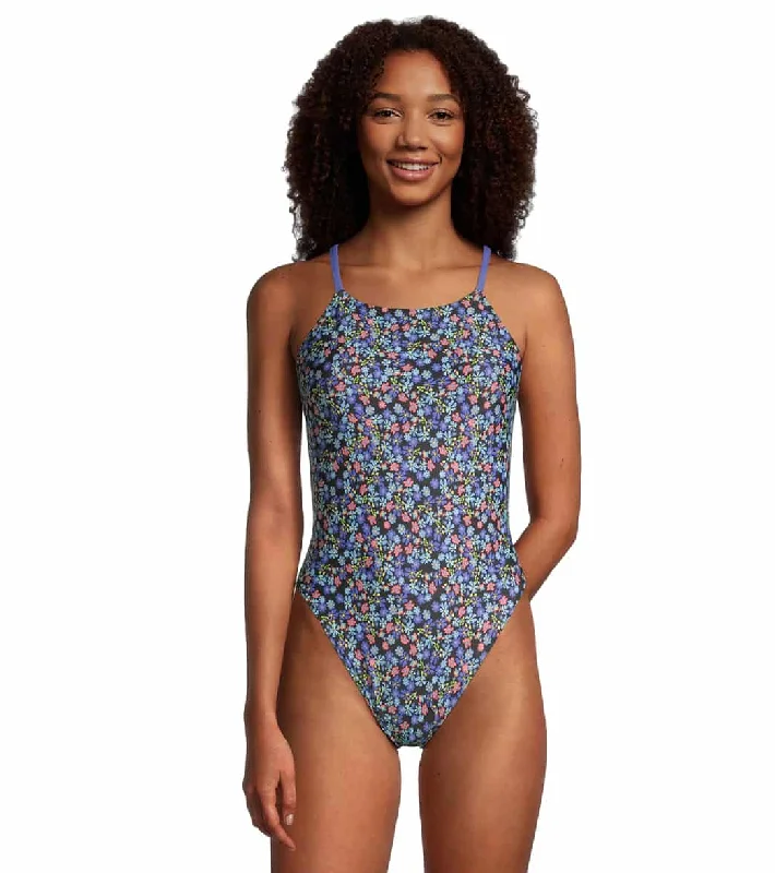 Speedo Women's Printed Back One Piece Swimsuit Black/Blue Trendy Swimwear Set