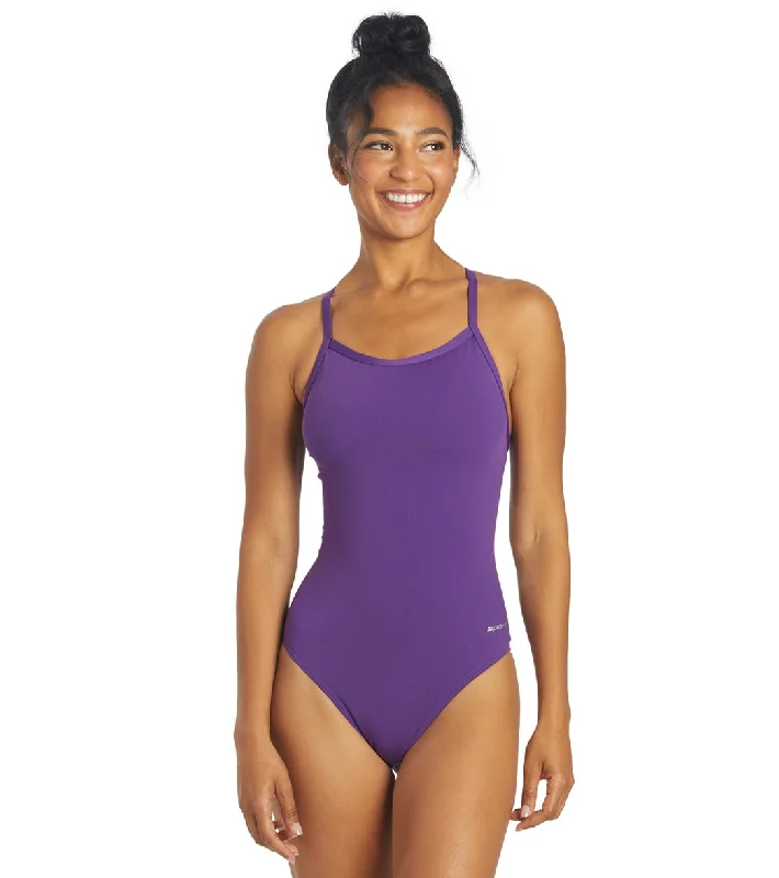 Sporti HydroLast Solid Thin Strap One Piece Swimsuit (22-44) Bright Purple Beach Ready Swimsuit