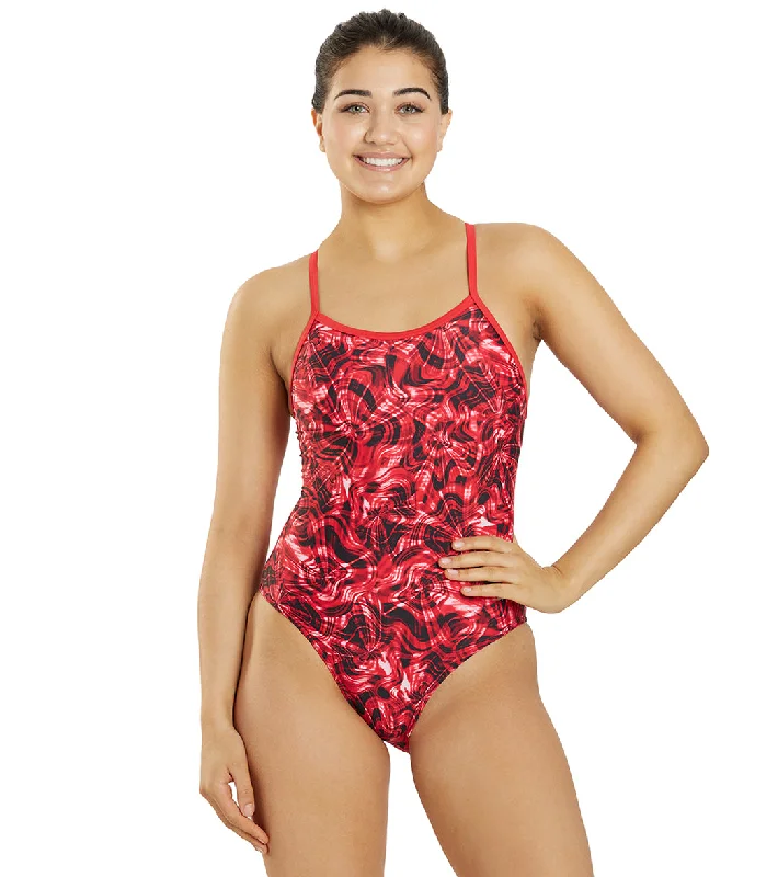 Sporti Sonic Bloom Thin Strap One Piece Swimsuit (22-40) Red V-Neck Swim Dress