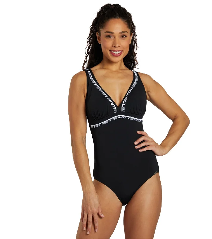 Sunmarin Women's Chlorine Proof V Neck Piped One Piece Swimsuit Black Classic Monokini Design