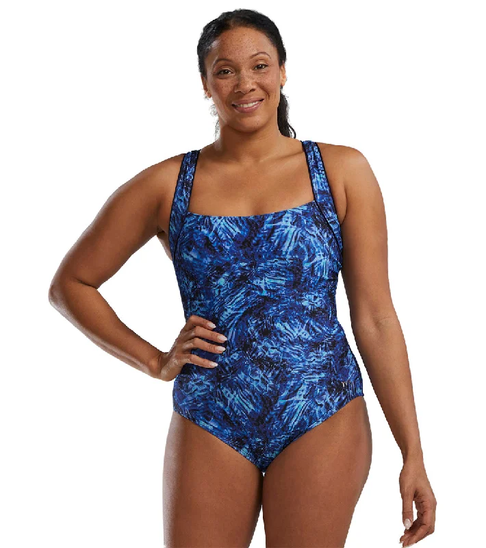 TYR Women's Expression Durafast Elite Square Neck Controlfit Chlorine Proof One Piece Swimsuit Navy/Blue "Expression" Minimalist One-Piece