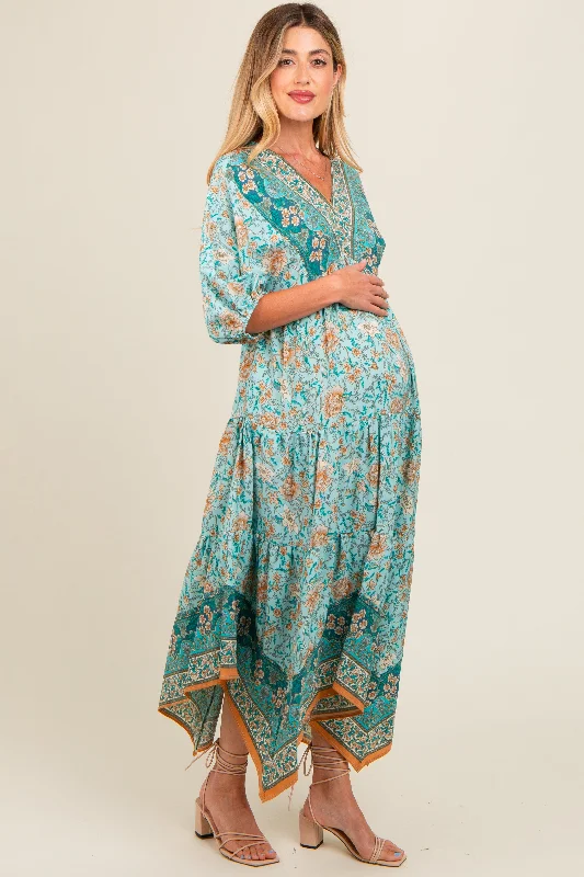 Aqua Floral Border Print V-Neck Tiered Maternity Midi Dress Comfortable Casual Midi Dress