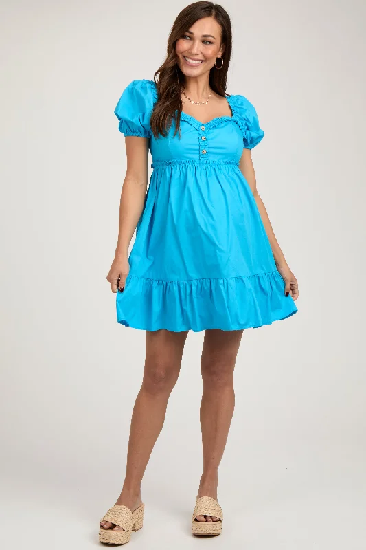 Aqua Puff Sleeve Ruffle Accent Maternity Mini Dress Trendy Tie-Dye Mini Dress