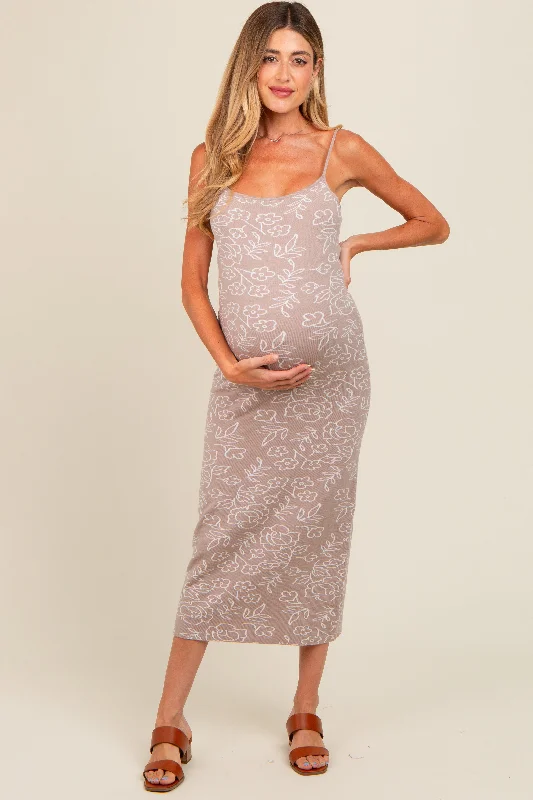 Beige Floral Knit Fitted Maternity Midi Dress Stylish Color Block Midi Dress