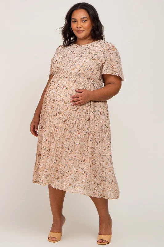 Beige Floral Pleated Chiffon Maternity Plus Midi Dress Stylish Animal Print Midi Dress