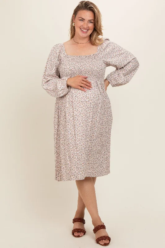 Beige Floral Print Long Sleeve Maternity Plus Midi Dress Comfortable Draped Midi Dress