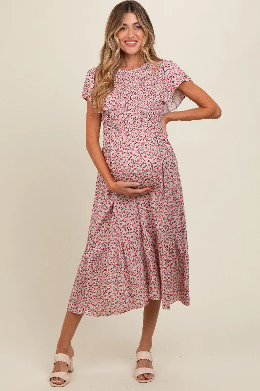 Beige Floral Smocked Maternity Midi Dress Stylish Vintage Midi Dress