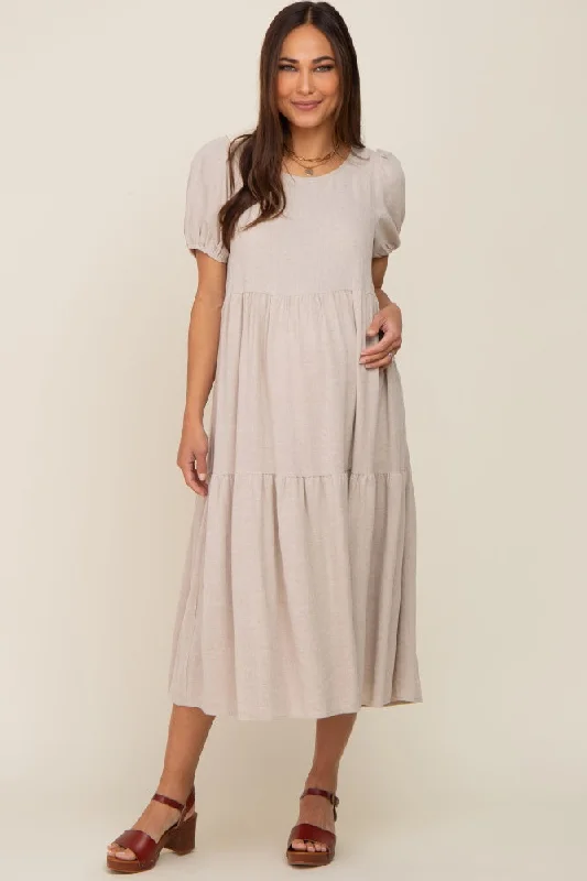 Beige Linen Short Sleeve Tiered Back Tie Maternity Midi Dress Cozy A-Line Midi Dress