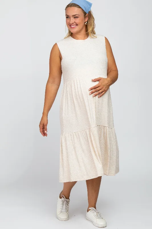 Beige Ribbed Sleeveless Plus Maternity Midi Dress Elegant Velvet Midi Dress